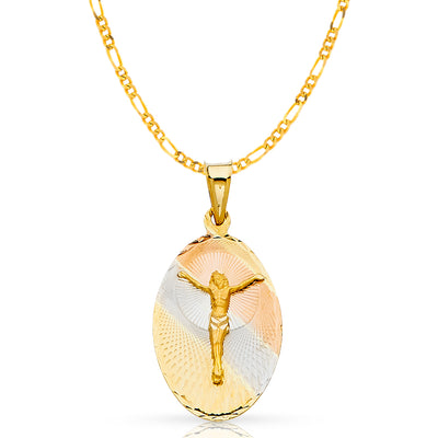 14K Gold Jesus Crucifix Stamp Pendant with 2.3mm Figaro 3+1 Chain