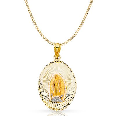 14K Gold Guadalupe Stamp Pendant with 3.4mm Hollow Cuban Chain