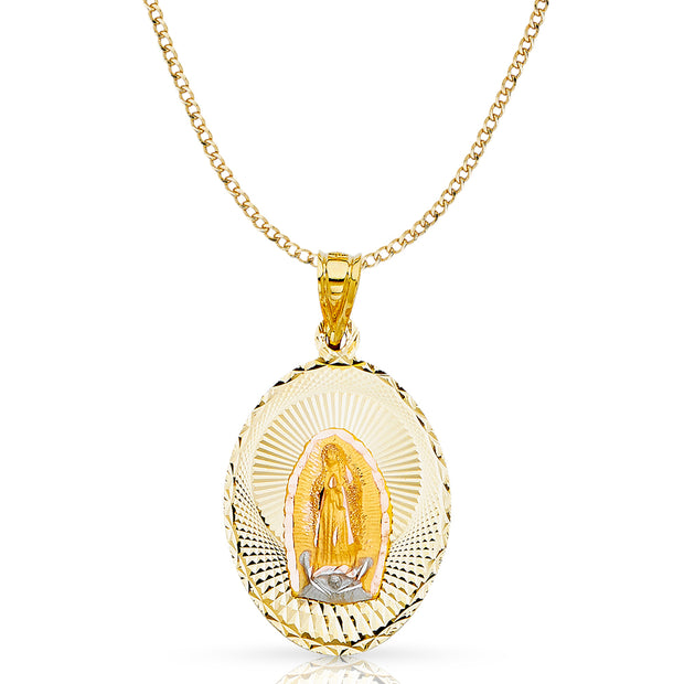 14K Gold Guadalupe Stamp Pendant with 3.4mm Hollow Cuban Chain