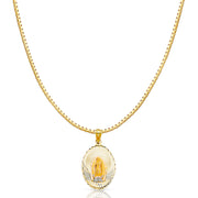 14K Gold Diamond Cut Guadalupe Stamp Religious Charm Pendant with 1.2mm Box Chain Necklace