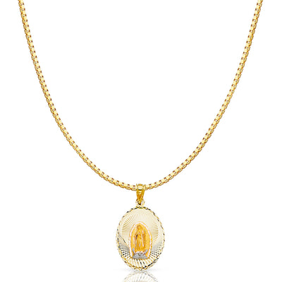 14K Gold Diamond Cut Guadalupe Stamp Religious Charm Pendant with 1.2mm Box Chain Necklace