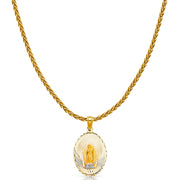 14K Gold Diamond Cut Guadalupe Stamp Charm Pendant with 1.4mm Round Wheat Chain Necklace