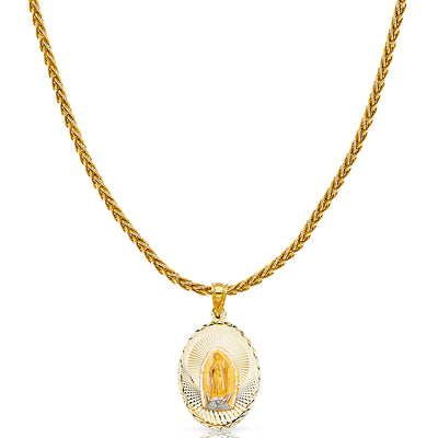 14K Gold Diamond Cut Guadalupe Stamp Charm Pendant with 1.4mm Round Wheat Chain Necklace