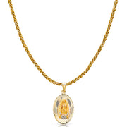 14K Gold Diamond Cut Guadalupe Stamp Charm Pendant with 1.4mm Round Wheat Chain Necklace