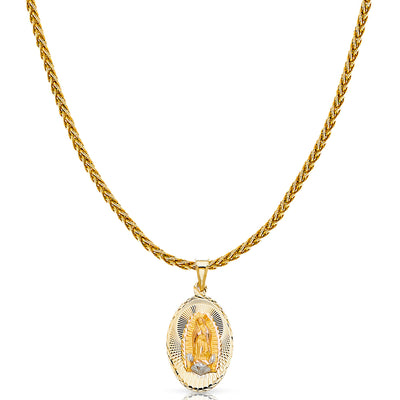 14K Gold Diamond Cut Guadalupe Stamp Charm Pendant with 1.4mm Round Wheat Chain Necklace