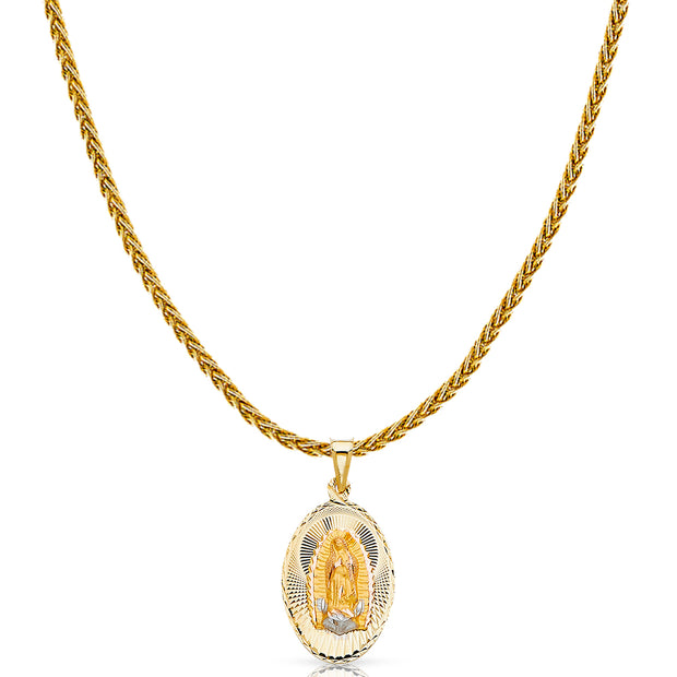 14K Gold Diamond Cut Guadalupe Stamp Charm Pendant with 1.4mm Round Wheat Chain Necklace