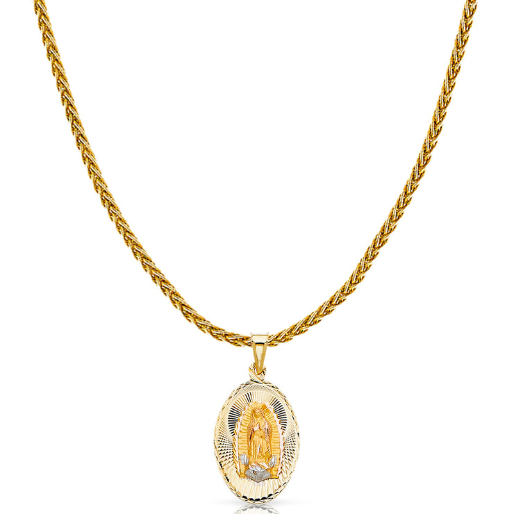 14K Gold Diamond Cut Guadalupe Stamp Charm Pendant with 1.4mm Round Wheat Chain Necklace