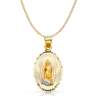 14K Gold Guadalupe Stamp Pendant with 2.3mm Hollow Cuban Chain