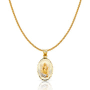 14K Gold Diamond Cut Guadalupe Stamp Charm Pendant with 1.1mm Wheat Chain Necklace