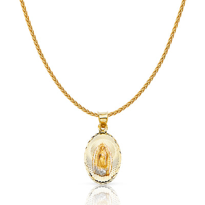 14K Gold Diamond Cut Guadalupe Stamp Charm Pendant with 1.1mm Wheat Chain Necklace