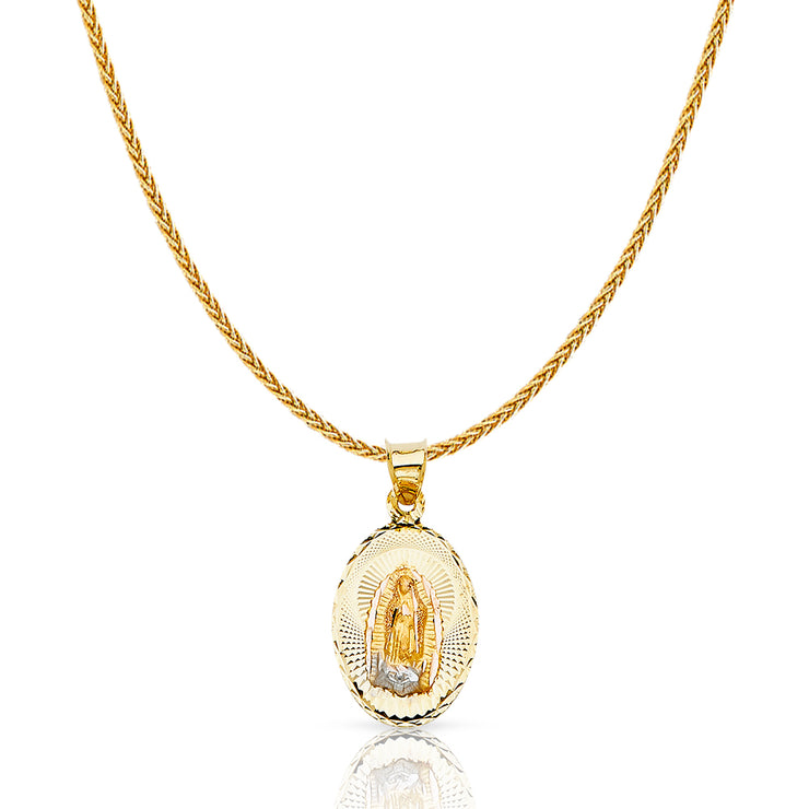 14K Gold Diamond Cut Guadalupe Stamp Charm Pendant with 1.1mm Wheat Chain Necklace