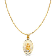 14K Gold Diamond Cut Guadalupe Stamp Religious Charm Pendant with 0.8mm Box Chain Necklace