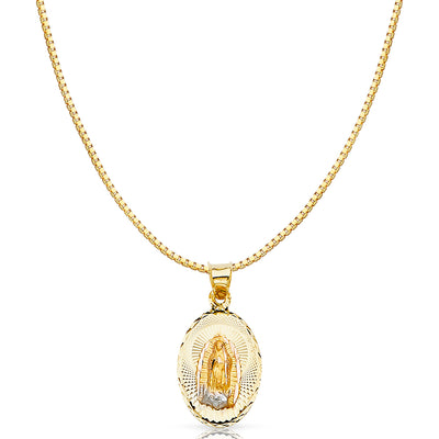 14K Gold Diamond Cut Guadalupe Stamp Religious Charm Pendant with 0.8mm Box Chain Necklace