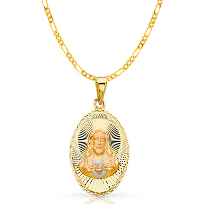 14K Gold Jesus Face Stamp Pendant with 2.3mm Figaro 3+1 Chain