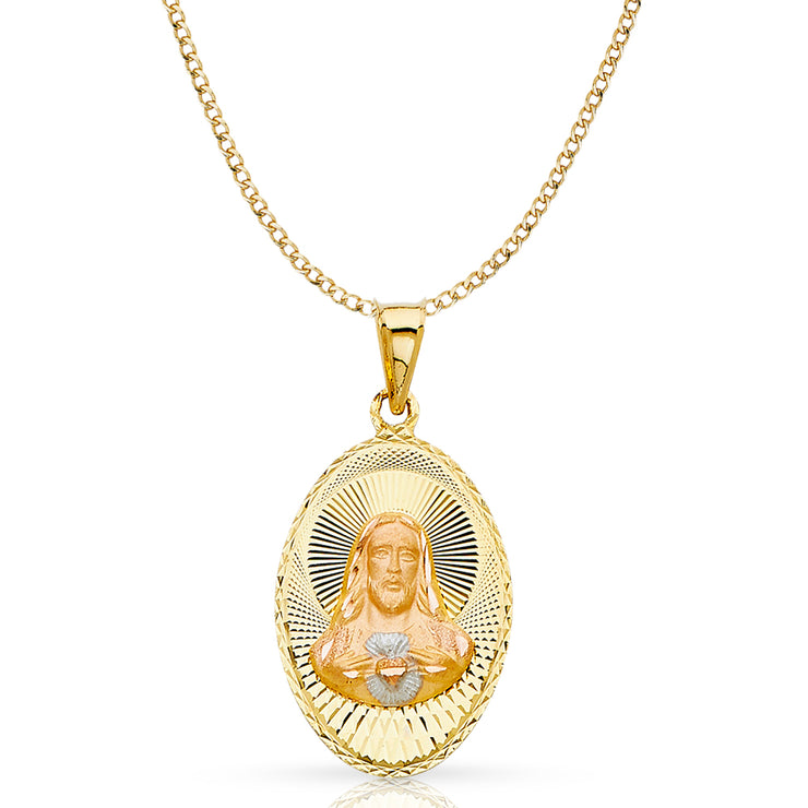 14K Gold Jesus Face Stamp Pendant with 3.4mm Hollow Cuban Chain