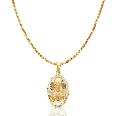 14K Gold Diamond Cut Jesus Face Stamp Charm Pendant with 1.1mm Wheat Chain Necklace