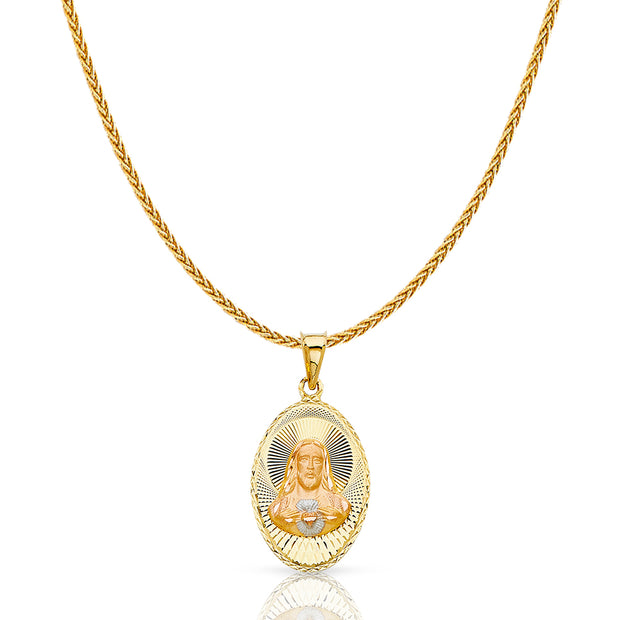 14K Gold Diamond Cut Jesus Face Stamp Charm Pendant with 1.1mm Wheat Chain Necklace