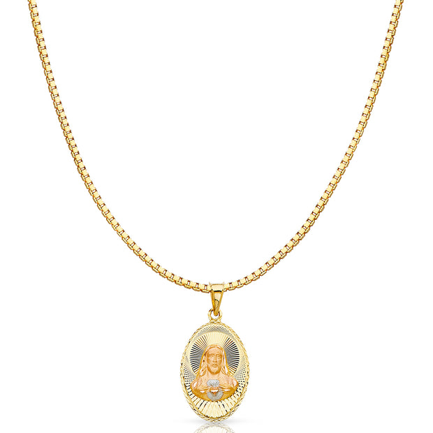 14K Gold Diamond Cut Jesus Face Stamp Religious Charm Pendant with 1.2mm Box Chain Necklace