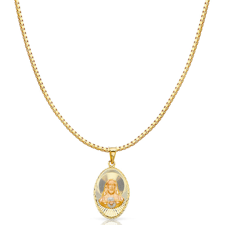 14K Gold Diamond Cut Jesus Face Stamp Religious Charm Pendant with 1.2mm Box Chain Necklace