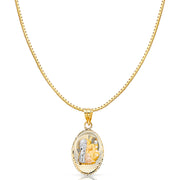 14K Gold Diamond Cut Communion Stamp Religious Charm Pendant with 0.8mm Box Chain Necklace