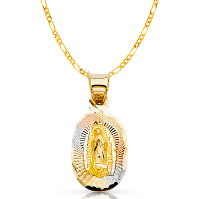 14K Gold Guadalupe Stamp Pendant with 1.6mm Figaro 3+1 Chain