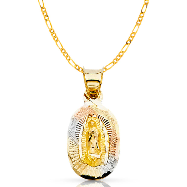 14K Gold Guadalupe Stamp Pendant with 1.6mm Figaro 3+1 Chain