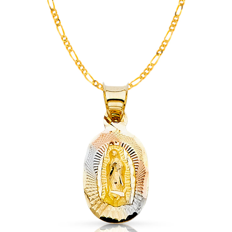 14K Gold Guadalupe Stamp Pendant with 1.6mm Figaro 3+1 Chain