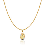 14K Gold Diamond Cut Guadalupe Stamp Charm Pendant with 0.9mm Wheat Chain Necklace