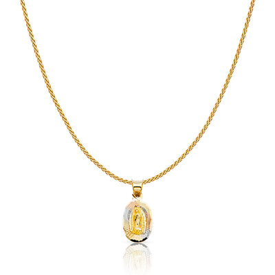 14K Gold Diamond Cut Guadalupe Stamp Charm Pendant with 0.9mm Wheat Chain Necklace