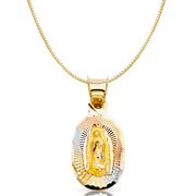 14K Gold Diamond Cut Guadalupe Stamp Religious Charm Pendant with 0.8mm Box Chain Necklace