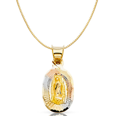 14K Gold Diamond Cut Guadalupe Stamp Religious Charm Pendant with 0.8mm Box Chain Necklace