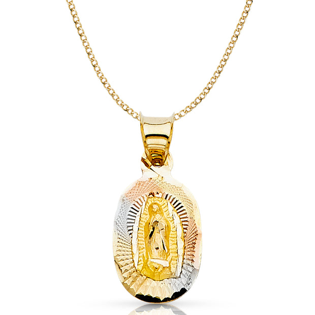 14K Gold Guadalupe Stamp Pendant with 2mm Hollow Cuban Bevel Chain
