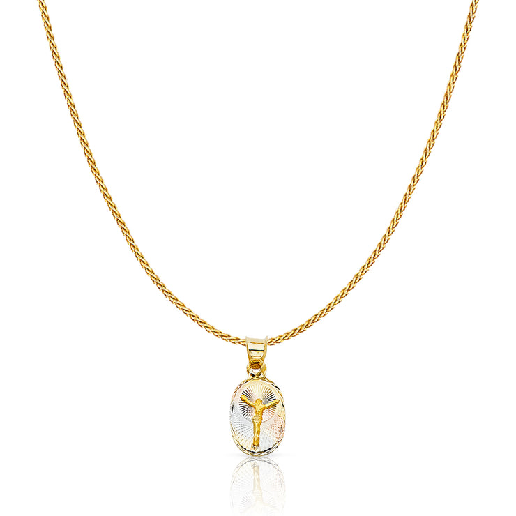 14K Gold Diamond Cut Jesus Stamp Charm Pendant with 0.9mm Wheat Chain Necklace
