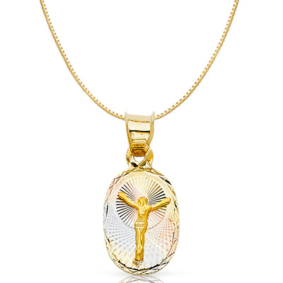 14K Gold Diamond Cut Jesus Stamp Religious Charm Pendant with 0.8mm Box Chain Necklace