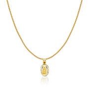 14K Gold Diamond Cut Guadalupe Stamp Charm Pendant with 0.9mm Wheat Chain Necklace