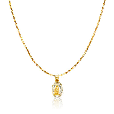 14K Gold Diamond Cut Guadalupe Stamp Charm Pendant with 0.9mm Wheat Chain Necklace