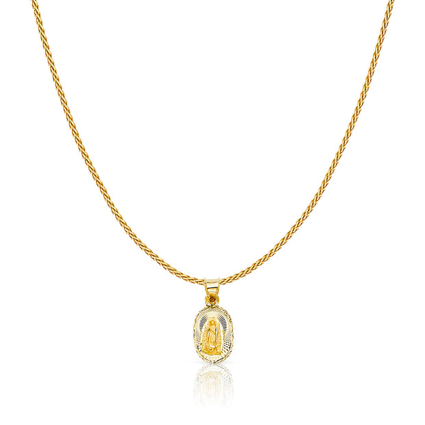 14K Gold Diamond Cut Guadalupe Stamp Charm Pendant with 0.9mm Wheat Chain Necklace