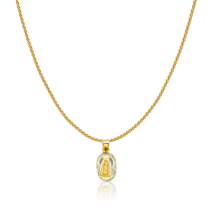 14K Gold Diamond Cut Guadalupe Stamp Charm Pendant with 0.9mm Wheat Chain Necklace