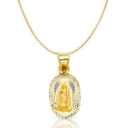 14K Gold Diamond Cut Guadalupe Stamp Religious Charm Pendant with 0.8mm Box Chain Necklace