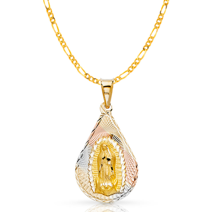 14K Gold Guadalupe Stamp Pendant with 2.3mm Figaro 3+1 Chain