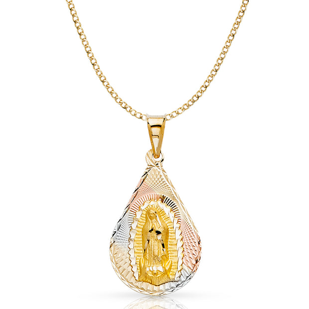 14K Gold Guadalupe Stamp Pendant with 3.4mm Hollow Cuban Chain