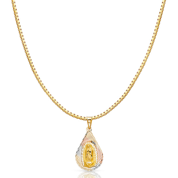 14K Gold Diamond Cut Guadalupe Stamp Religious Charm Pendant with 1.2mm Box Chain Necklace