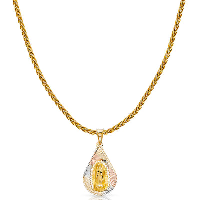 14K Gold Diamond Cut Guadalupe Stamp Charm Pendant with 1.4mm Round Wheat Chain Necklace