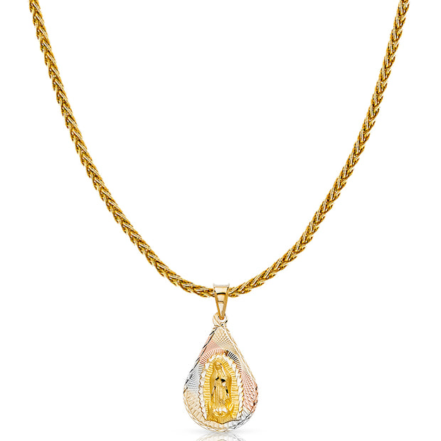 14K Gold Diamond Cut Guadalupe Stamp Charm Pendant with 1.4mm Round Wheat Chain Necklace