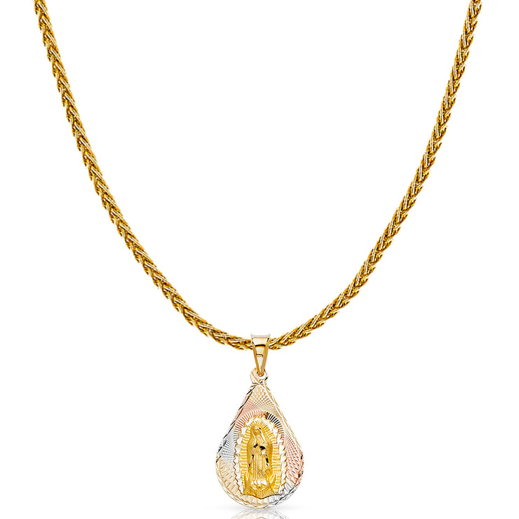 14K Gold Diamond Cut Guadalupe Stamp Charm Pendant with 1.4mm Round Wheat Chain Necklace