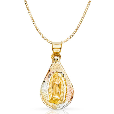 14K Gold Guadalupe Stamp Pendant with 2.3mm Hollow Cuban Chain
