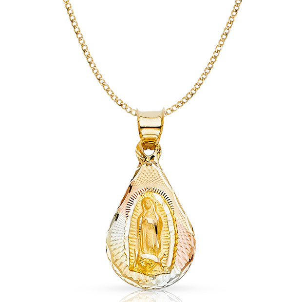 14K Gold Guadalupe Stamp Pendant with 2.3mm Hollow Cuban Chain