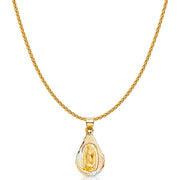 14K Gold Diamond Cut Guadalupe Stamp Charm Pendant with 1.1mm Wheat Chain Necklace