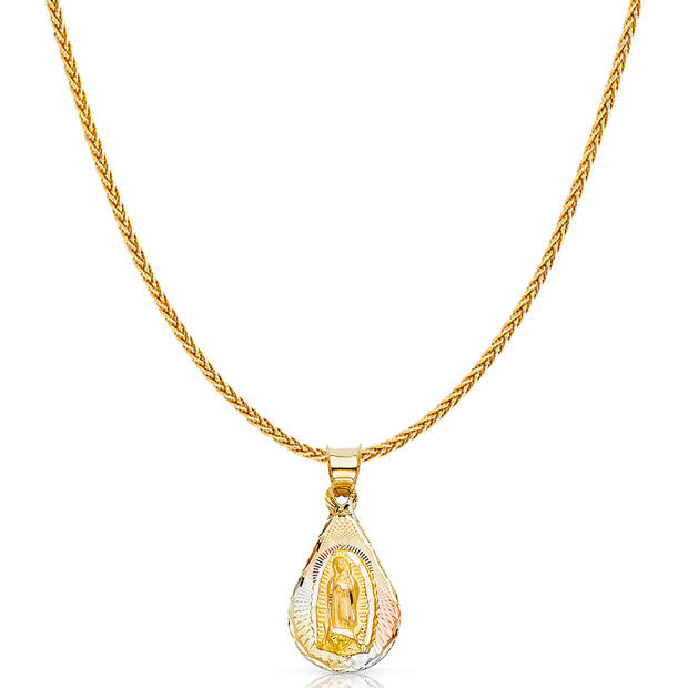 14K Gold Diamond Cut Guadalupe Stamp Charm Pendant with 1.1mm Wheat Chain Necklace