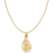 14K Gold Diamond Cut Guadalupe Stamp Religious Charm Pendant with 0.8mm Box Chain Necklace